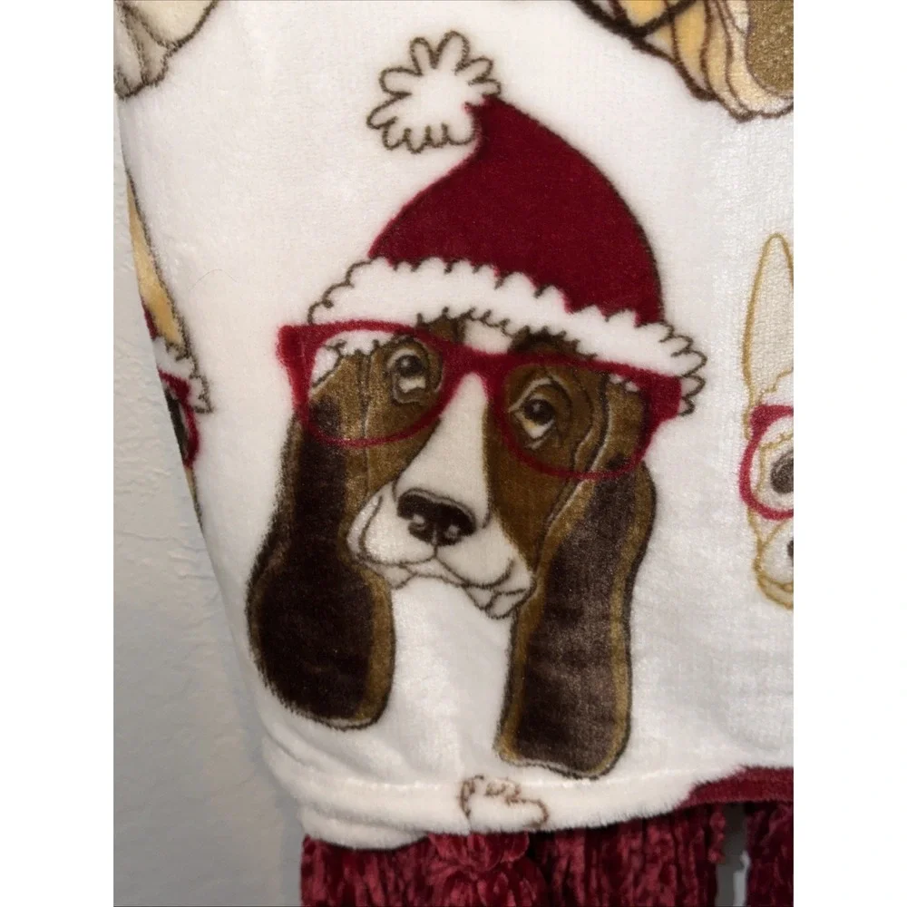 Merry and Bright Smart Dogs Christmas Plush Throw Blanket‎ 50x70 Santa Hats New